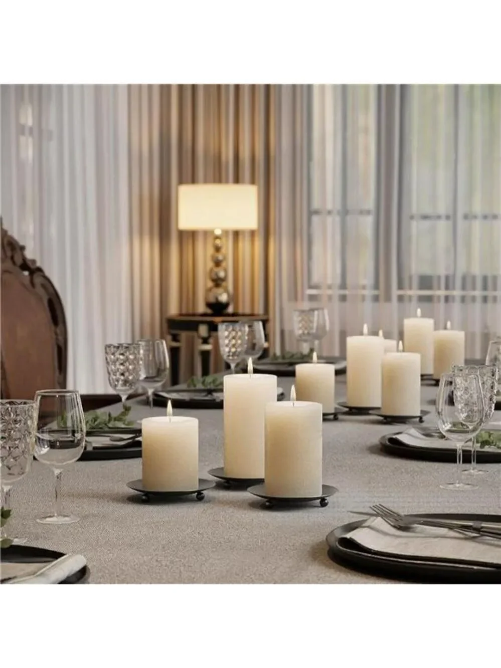Set of 2 black metal pillar candle holders round candle plates for table decor